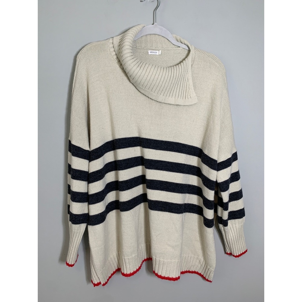Mersea Striped Cowl Neck Sweater Women OS Cream Navy Red‎ Scallop Trim Oversized - Picture 2 of 11